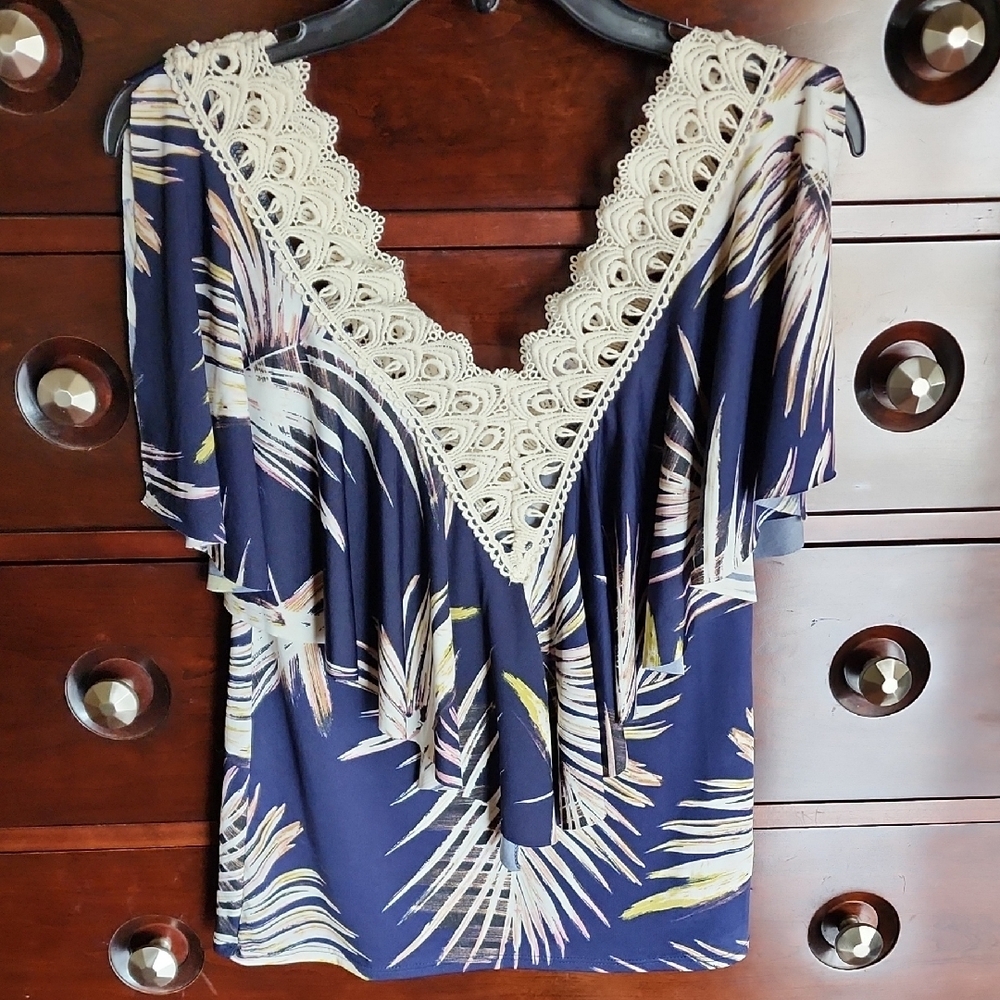 VENUS Blue and White Ruffled Blouse